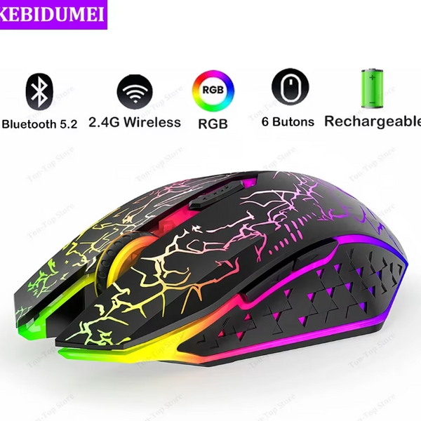 Souris Gaming Sans Fil RGB Bluetooth 5.2 Rechargeable – 6 Boutons, DPI Réglable, Compatible PC / Mac / Tablette